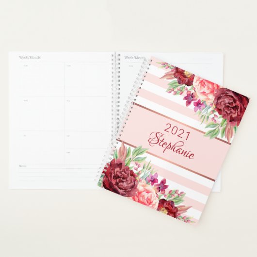Moderne Bloemen Blush Roze Streep Gepersonaliseerd Planner (Display)