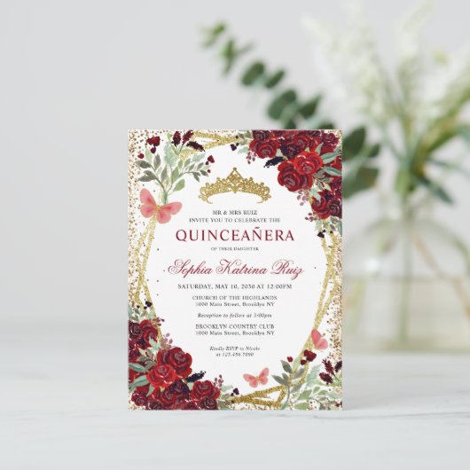 Moderne Bloemen Bourgogne Rode Gouden Tiara Quince Briefkaart (Staand voorkant)