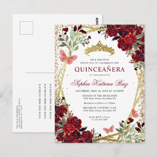 Moderne Bloemen Bourgogne Rode Gouden Tiara Quince Briefkaart (Voorkant / Achterkant)