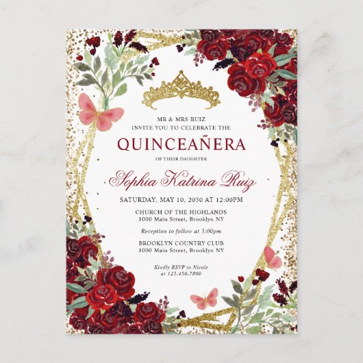 Moderne Bloemen Bourgogne Rode Gouden Tiara Quince Briefkaart (Voorkant)