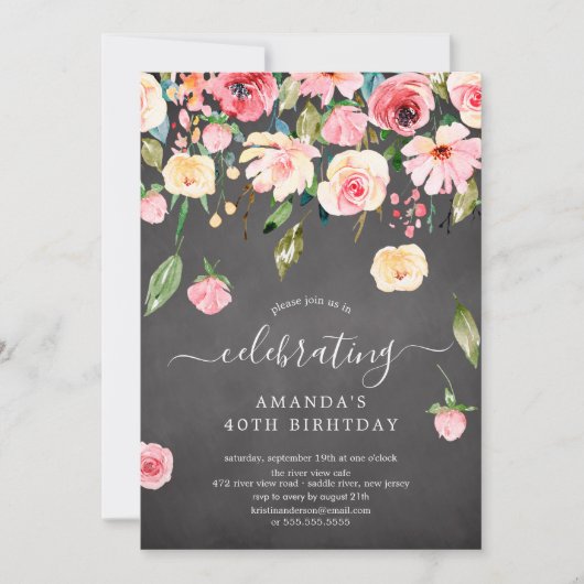 Moderne Bloemen Drop Roze Pioenen Verjaardagsfeest Kaart (Voorkant)