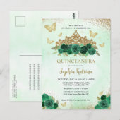 Moderne Bloemen Emerald Groen Goud Tiara Quinceañe Briefkaart (Voorkant / Achterkant)