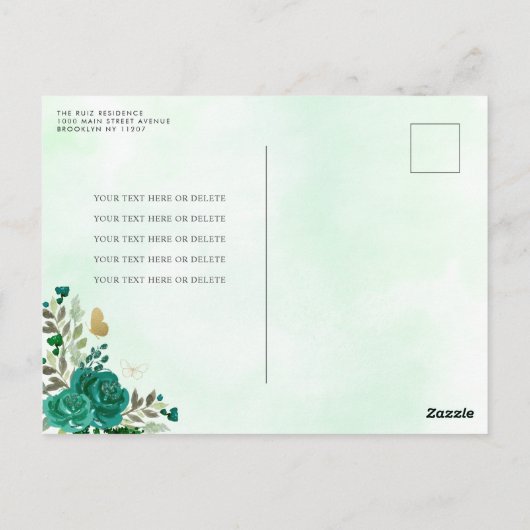 Moderne Bloemen Emerald Groen Goud Tiara Quinceañe Briefkaart (Achterkant)