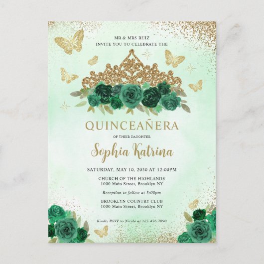 Moderne Bloemen Emerald Groen Goud Tiara Quinceañe Briefkaart (Voorkant)