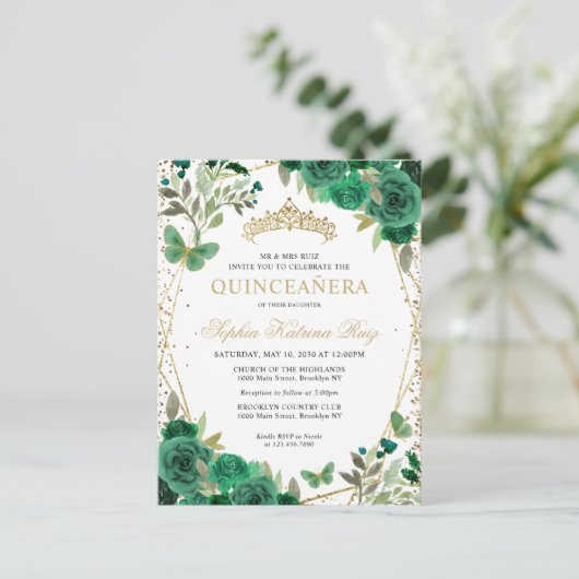 Moderne Bloemen Emerald Groen Goud Tiara Quinceañe Briefkaart (Staand voorkant)