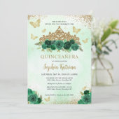 Moderne Bloemen Emerald Groen Goud Tiara Quinceañe Kaart (Staand voorkant)