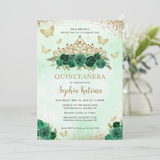 Moderne Bloemen Emerald Groen Goud Tiara Quinceañe Kaart (Staand voorkant)