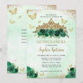 Moderne Bloemen Emerald Groen Goud Tiara Quinceañe Kaart (Voorkant / Achterkant)