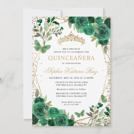Moderne Bloemen Emerald Groen Goud Tiara Quinceañe Kaart (Voorkant)