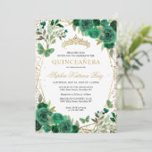 Moderne Bloemen Emerald Groen Goud Tiara Quinceañe Kaart (Staand voorkant)