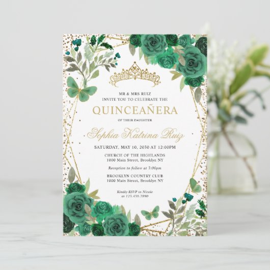 Moderne Bloemen Emerald Groen Goud Tiara Quinceañe Kaart (Staand voorkant)