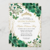Moderne Bloemen Emerald Groen Goud Tiara Quinceañe Kaart (Voorkant / Achterkant)