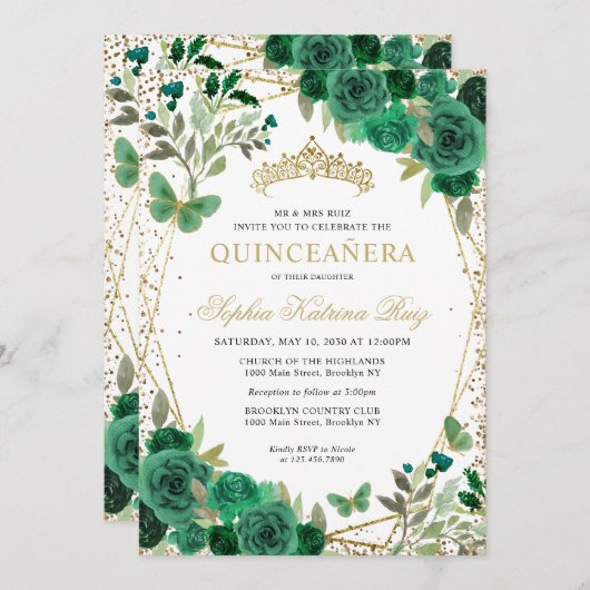 Moderne Bloemen Emerald Groen Goud Tiara Quinceañe Kaart (Voorkant / Achterkant)