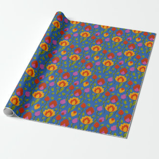 Moderne Bloemen Folkore // Geel-Rood-Blauw Cadeaupapier