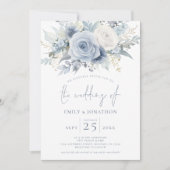 Moderne Bloemen Foto Overlay Blauwe Tekst QR Huwel Kaart (Voorkant)