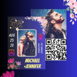 Moderne Bloemen Foto QR Code Trouwen Save the Date Kaart