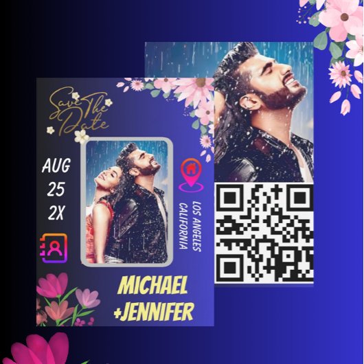 Moderne Bloemen Foto QR Code Trouwen Save the Date Kaart