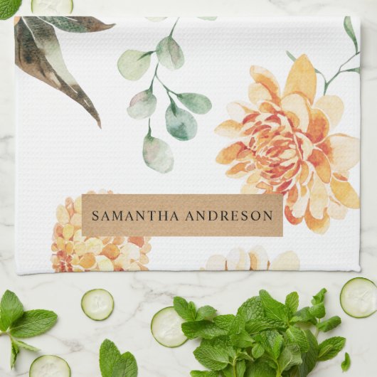 Moderne bloemen Geel en Kraft Persoonlijke Gift Theedoek (Gevouwen)