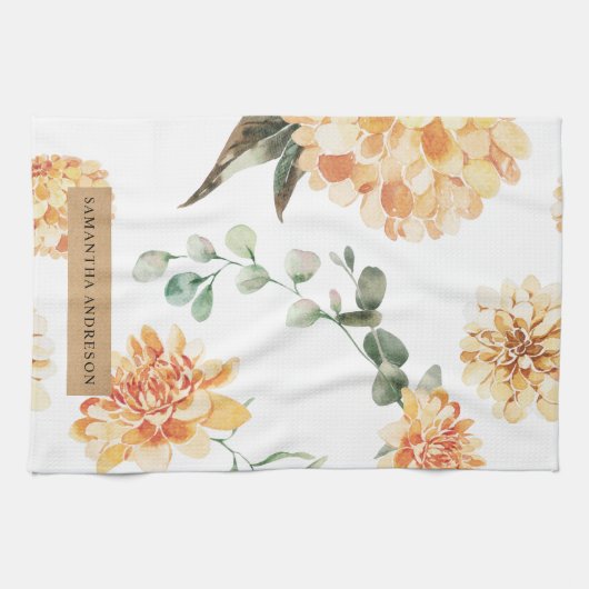 Moderne bloemen Geel en Kraft Persoonlijke Gift Theedoek (Horizontaal)