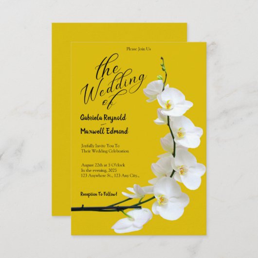 Moderne Bloemen Geel en Witte Orchideeën Bruiloft Kaart (Voorkant / Achterkant)