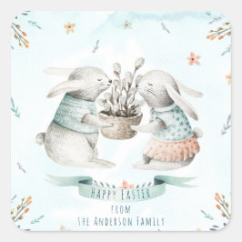 Moderne Bloemen Gelukkige Pasen Wensen Boho Bunny Vierkante Sticker