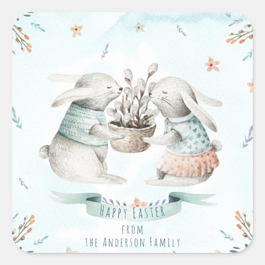 Moderne Bloemen Gelukkige Pasen Wensen Boho Bunny Vierkante Sticker (Voorkant)