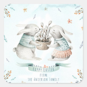 Moderne Bloemen Gelukkige Pasen Wensen Boho Bunny Vierkante Sticker