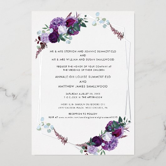 Moderne Bloemen Geometrische Huwelijk Zilver Folie Uitnodiging (Voorkant)