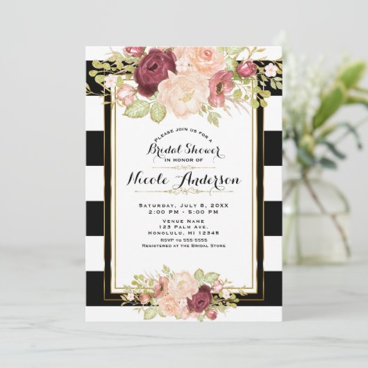 Moderne Bloemen Glam Zwart Witte Strepen Bruid Kaart (Staand voorkant)