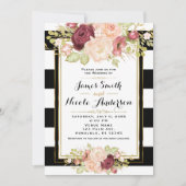 Moderne Bloemen Glam Zwart Witte Strepen Huwelijk Kaart (Voorkant)