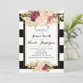 Moderne Bloemen Glam Zwart Witte Strepen Huwelijk Kaart (Staand voorkant)
