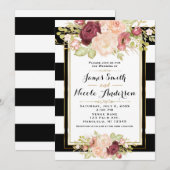 Moderne Bloemen Glam Zwart Witte Strepen Huwelijk Kaart (Voorkant / Achterkant)