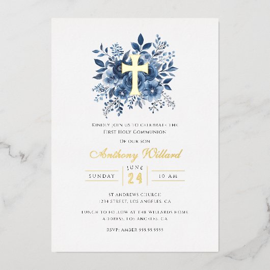 Moderne Bloemen Gouden Kruis Jongens Eerste Commun Folie Uitnodiging (Voorkant)