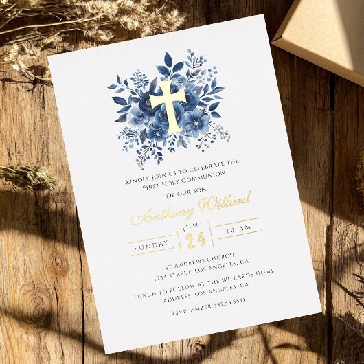 Moderne Bloemen Gouden Kruis Jongens Eerste Commun Folie Uitnodiging
