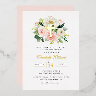 Moderne Bloemen Gouden Kruis Meisjes Eerste Commun Folie Uitnodiging