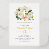 Moderne Bloemen Gouden Kruis Meisjes Eerste Commun Folie Uitnodiging (Voorkant)