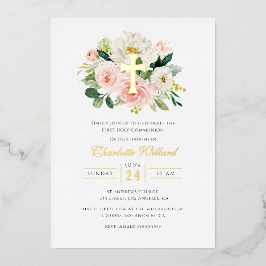 Moderne Bloemen Gouden Kruis Meisjes Eerste Commun Folie Uitnodiging (Voorkant)