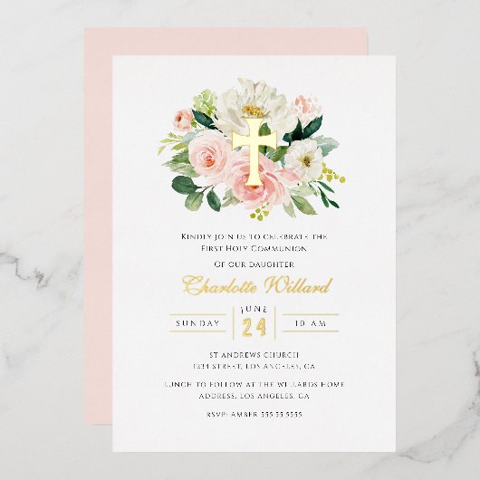 Moderne Bloemen Gouden Kruis Meisjes Eerste Commun Folie Uitnodiging (Voorkant / Achterkant)