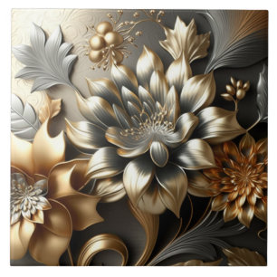 Moderne bloemen gouden zilveren keramische tegel tegeltje