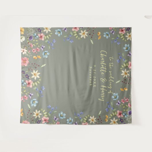 Moderne Bloemen Groene Trouwfoto Achtergrond Wandkleed (Voorkant (horizontaal))