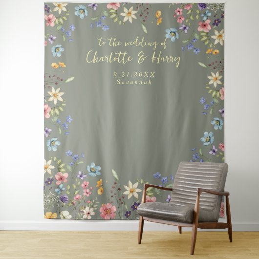 Moderne Bloemen Groene Trouwfoto Achtergrond Wandkleed (In situ)