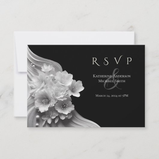 Moderne Bloemen Huwelijk Zwart-wit Bloem RSVP Kaartje (Voorkant)