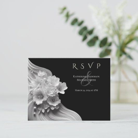 Moderne Bloemen Huwelijk Zwart-wit Briefkaart (Staand voorkant)