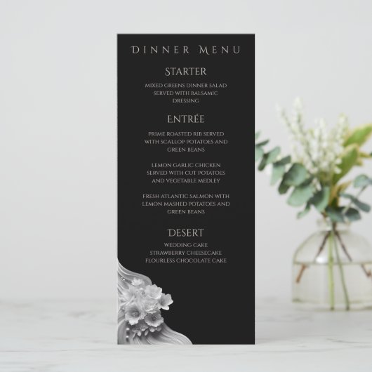 Moderne Bloemen Huwelijk Zwart-wit Menu (Staand voorkant)