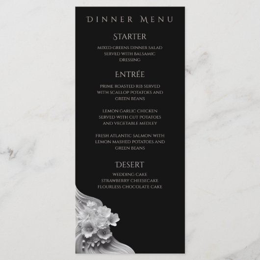 Moderne Bloemen Huwelijk Zwart-wit Menu (Voorkant)