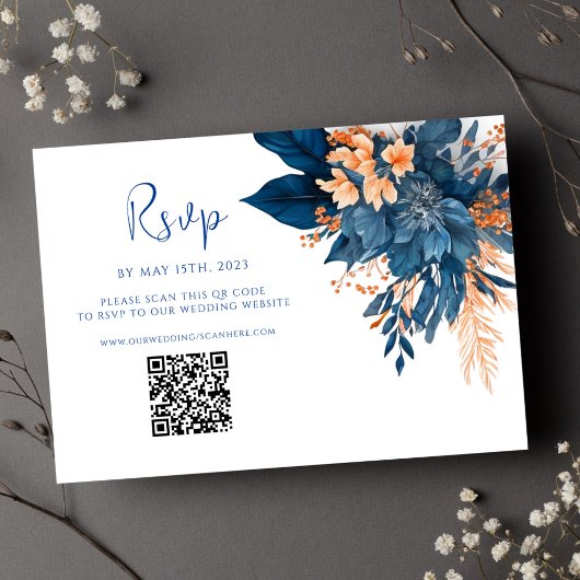 Moderne Bloemen Indigo Roest QR Code Bruiloft RSVP Kaartje