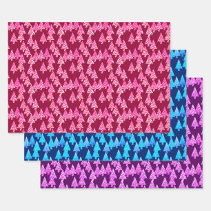 Moderne Bloemen Kerstbomen, Wijn, Blauw, Paarse Inpakpapier Vel