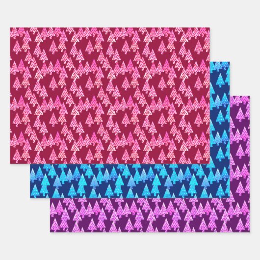 Moderne Bloemen Kerstbomen, Wijn, Blauw, Paarse Inpakpapier Vel (Set)