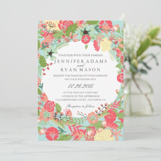 MODERNE BLOEMEN KRANS BRUILOFT UITNODIGING (Staand voorkant)