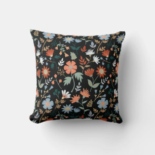 Moderne bloemen laten zwart Oranje blauw afdrukken Kussen